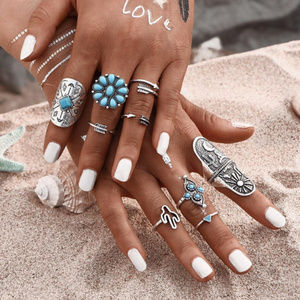 🍒 BOHO Silver Turquoise  Rings 🌵 Set of 9